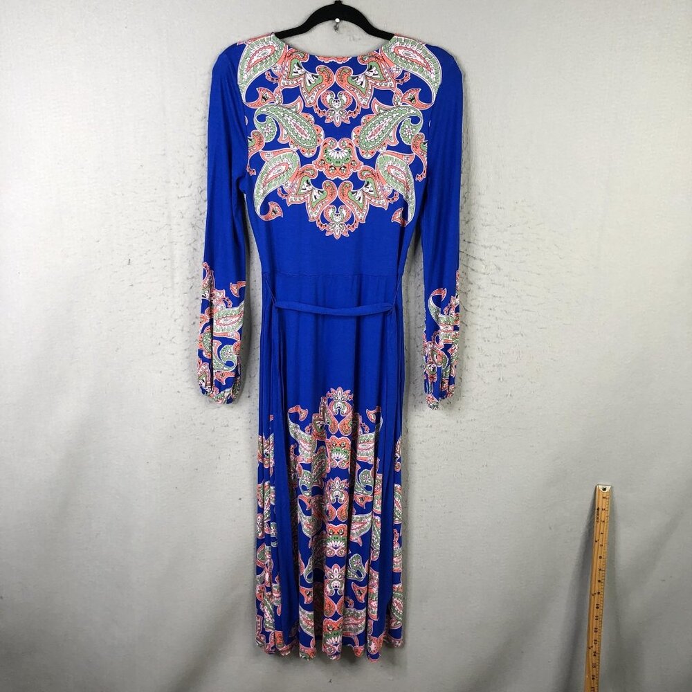 Boden Dress Womens 4 Blue Paisley Jersey Maxi Fit Flare Long Sleeve Boho Belted - Picture 2 of 16